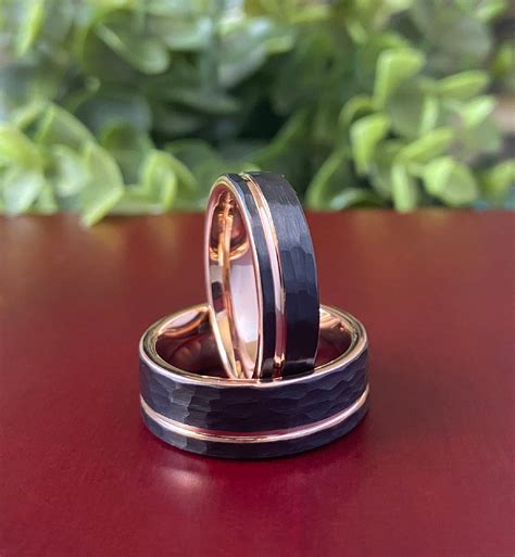 Black Hammered Rose Gold Tungsten Ring Men Wedding Band Etsy