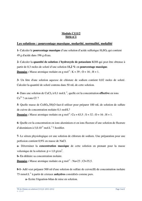 Chimie Des Solutions Examens Corriges Universit Abdelmalek Essaadi