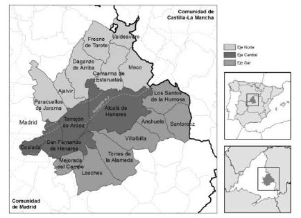 Delimitación del Corredor del Henares con sus ejes central norte y