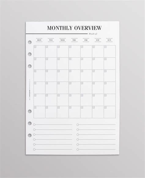 Printed Monthly Overview With List A Monthly Planner Inserts A