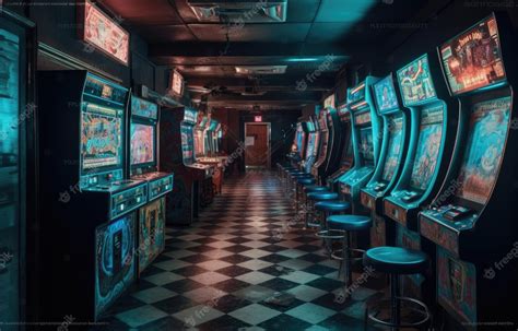 Premium Photo Old Vintage Arcade Video Games In An Empty Dark Gaming Room With Blue Light With