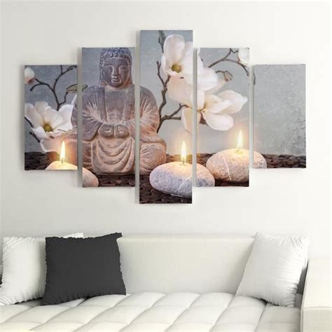 Tableau Décoration Murale Bouddha Orchidées Zen 5 Panneaux 200x100 cm