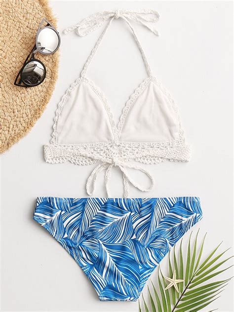 Sexy Triangle Bikini Halter String Crochet Trim Tropical Leaves Print Beach Swimwear TD Mercado