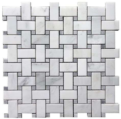 Carrara Carrera Venato Polished 1x2 Basketweave Bardiglio Dot Mosaic