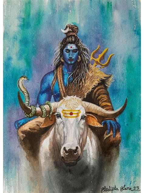 Divine Darshan Of Lord Shiva On Nandi Watercolor On Paper By