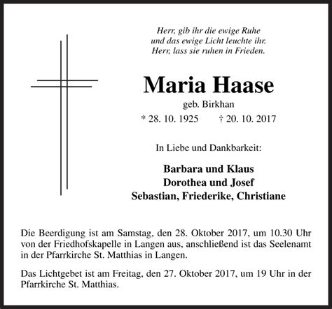 Traueranzeigen Von Maria Haase Noz Trauerportal