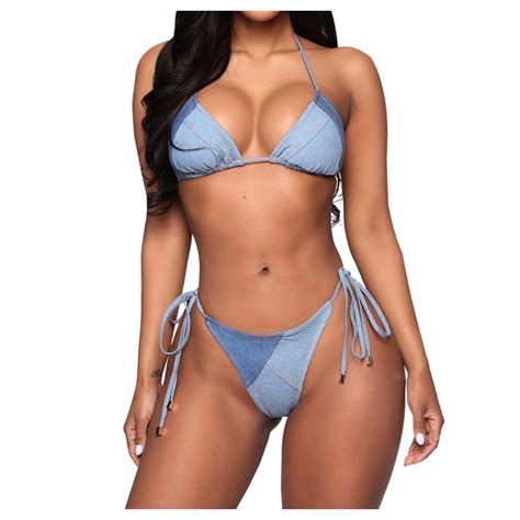 Celivon Womens Denim Lace Up Bikini Set Push Up Sexy Two Piece Swimsuit For Summer Beach Pool