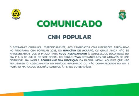 COMUNICADO CNH POPULAR Departamento Estadual de Trânsito do Ceará