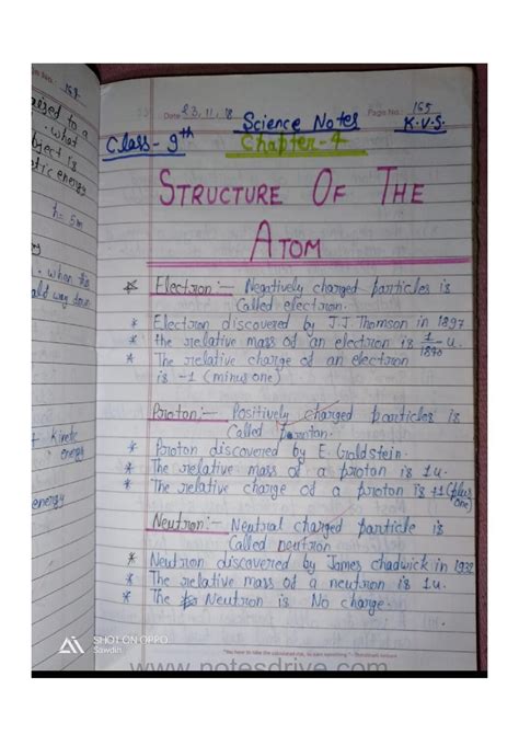 Mp Board Class 9th Science Handwritten Notes Chapter 4 Structure Of The Atom Science Notes Pdf