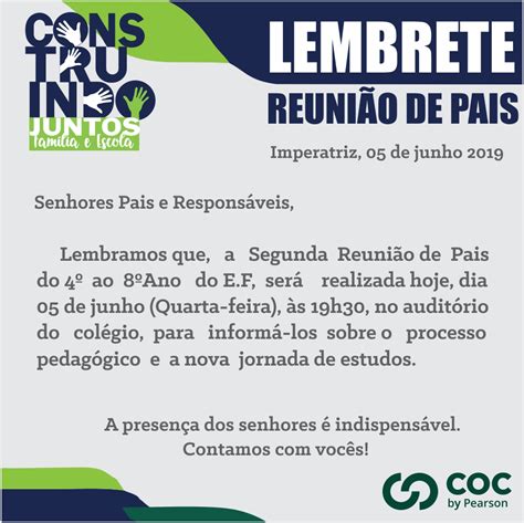 Lembrete Reuni O De Pais Para Alunos Do Ao Ano E F Coc Imperatriz