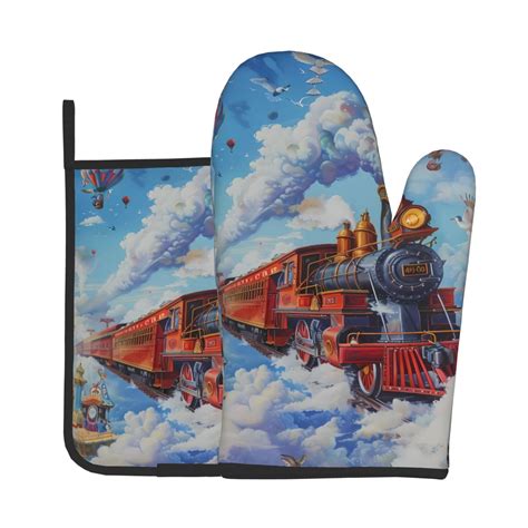 Zeuib Cartoon Train Hot Air Balloon Print Oven Mitt Pot Holder Set 2 Pack Kitchen Gloves And