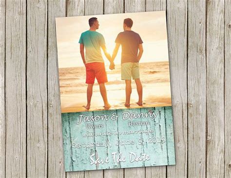 Save The Date Beach Lgbtq Wedding Invitations Rustic Aqua Wood