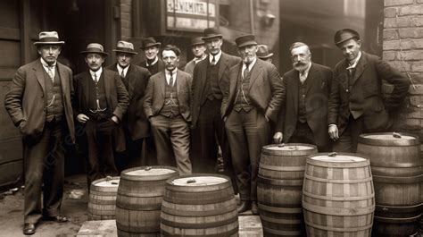 Group Of Men Wearing Suits Standing Next To Barrels Background