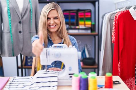 Blonde Woman Dressmaker Designer Using Sew Machine Approving Doing