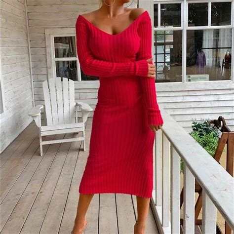 Last One Red V Neck Ribbed Knit Sweater Dress Sweater Dress Midi