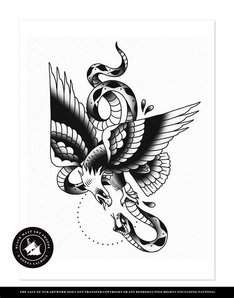 Traditional Eagle And Snake Tattoo Flash