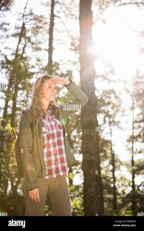 Pretty Blonde Hiker Looking For Path Stock Photo Alamy