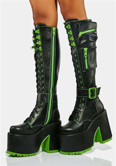 Club Exx Heeled Knee High Platform Pocket Combat Boots Blackneon