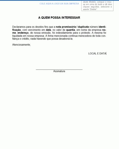 Referência de Declaração para Cancelamento de Protesto Modelo Simples