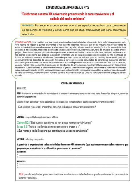 Actividad DE Semana DE Aniversario EXPERIENCIA DE APRENDIZAJE N 5