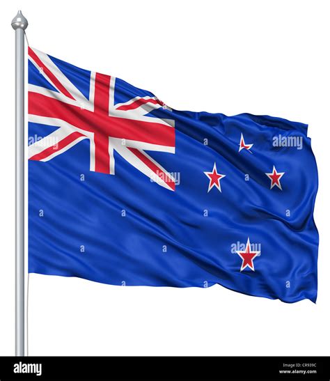 Flag Of New Zealand With Flagpole Waving In The Wind Against White