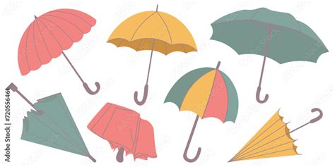 Set Of Different Umbrellas In Various Positions Open And Folded