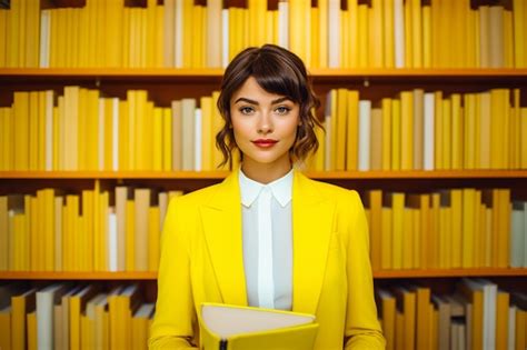 Premium Ai Image A Girl With Books And Files Wearing Bright Yellow