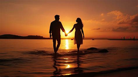 Romantic Couple S Silhouette Holding Hands At Sunrise On The Beach