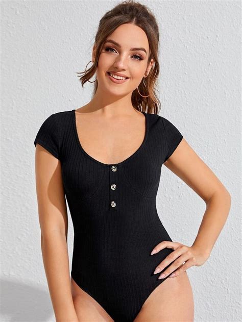 Button Detail Rib Knit Form Fitted Bodysuit Shein Usa Ribbed Knit