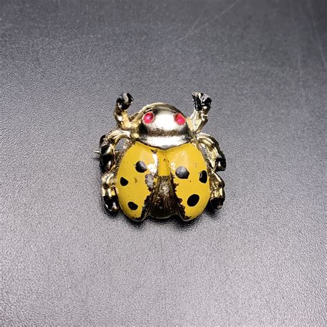 Small Yellow Ladybug Brooch Pin Vintage Enamel Dainty Gem