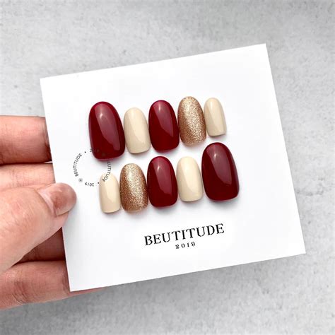 Jual Custom Premium Classic Maroon Nude Glitter Fake Nails Press On