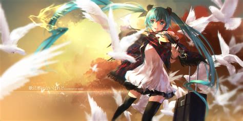 Birds Long Hair Anime Anime Girls Clouds Dress Vocaloid Hatsune