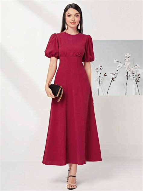 Shein Modely Burgundy Red Cotton Solid Puff Sleeve A Line Dress