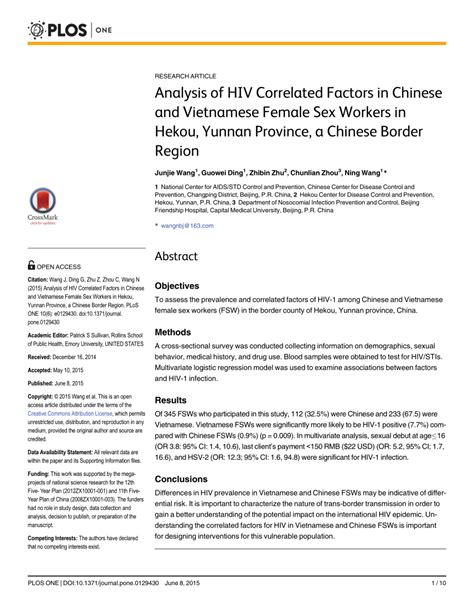 Pdf Analysis Of Hiv Correlated Factors In Chinese And Vietnamese Female Sex Workers In Hekou