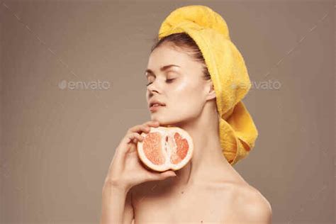 Beautiful Woman With Naked Body With Fruit Vitamins Posing Close Up