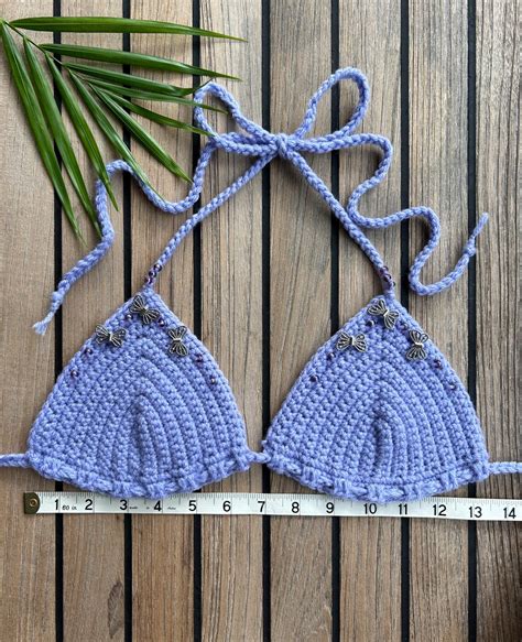 Purple Lavender Beaded Butterfly Crochet String Bikini Top Etsy