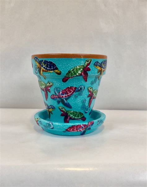 Four Inch Sea Turtle Flower Pot With Saucer Painted Flower Etsy