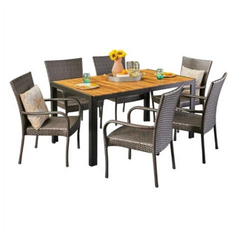 Noble House Tyburn Piece Outdoor Acacia Wood And Wicker Dining Set In