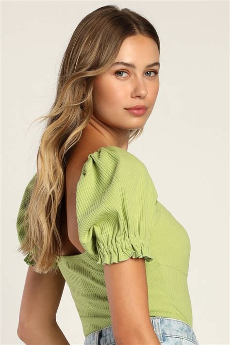 Cute Green Bodysuit Ribbed Knit Bodysuit Puff Sleeve Bodysuit Lulus