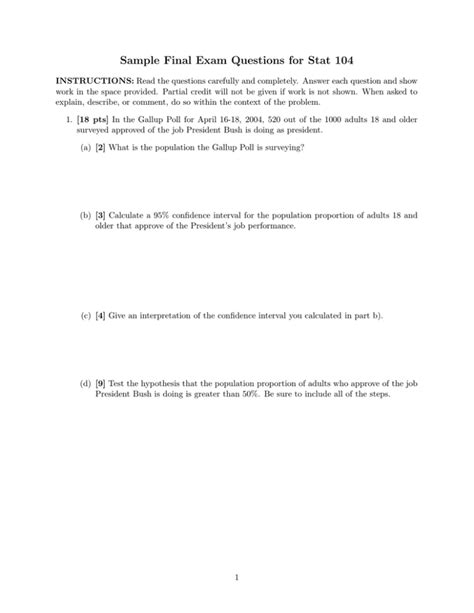 Sample Final Exam Questions For Stat 104