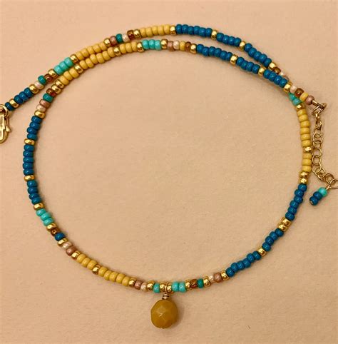 14k Gf Blue And Yellow Seed Beads Necklace Blue Necklace Miyuki Necklace Seed Bead Necklace