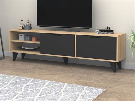 Meuble Tv Avec Portes Et Niches Noir Et Naturel Corenia Leroy