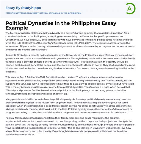 Political Dynasties In The Philippines Essay Example Studyhippo