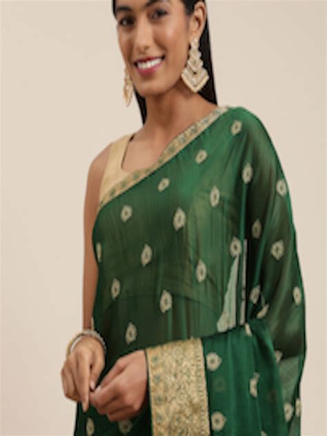 Buy Shaily Green Golden Ethnic Motifs Embroidered Pure Chiffon Saree