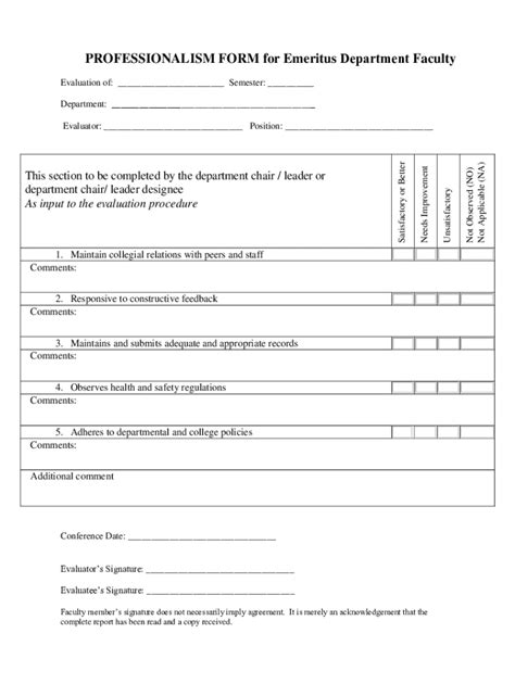 Fillable Online Professionalism Form For Emeritus Department Faculty