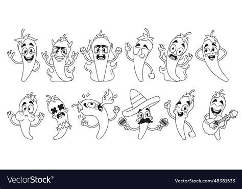 Outline Hot Mexican Peppers Cartoon Jalapeno Vector Image
