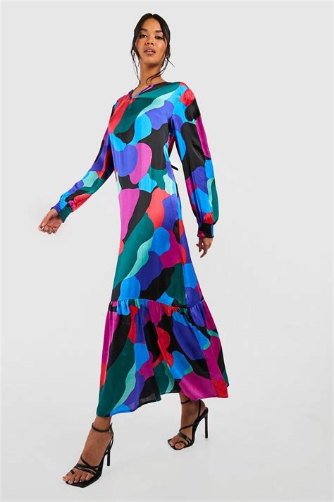 Abstract Print Satin Smock Midaxi Dress Boohoo