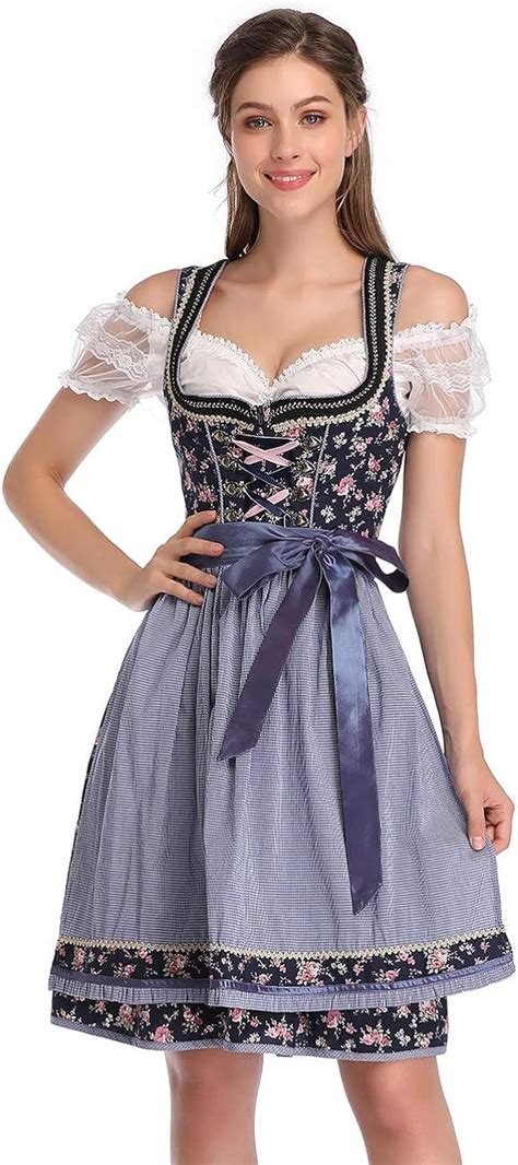 KOJOOIN Trachtenkleid Dirndl Kurz Damen Midi für Oktoberfest 3tlg