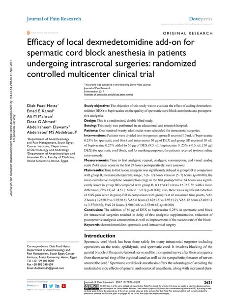 Pdf Efficacy Of Local Dexmedetomidine Add On For Spermatic Cord Block