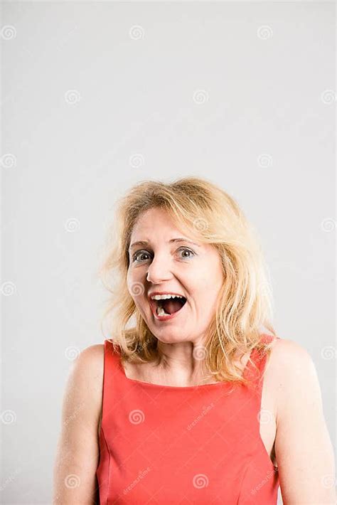 Funny Woman Portrait Real People High Definition Grey Background Stock